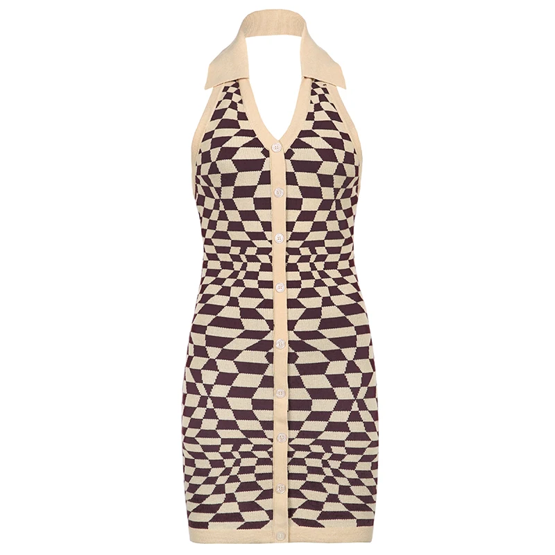 Модное винтажное клетчатое вязаное платье-свитер, женское облегающее летнее платье на пуговицах с открытой спиной