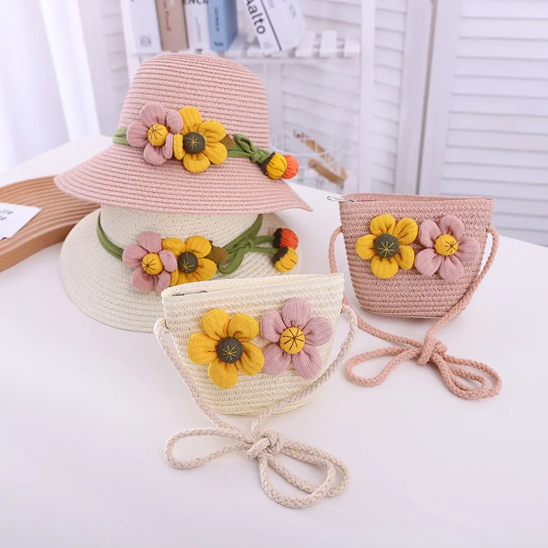 Summer Wholesale Matching Beach Double Flower Shade Lovely Princess Family Crossbody Straw Hats And Bag Sets