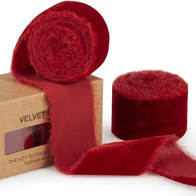 3 Inch Fringe Gift Customized Christmas Red Velvet Ribbon Velvet Ribbon Wholesale For Gift Wrap