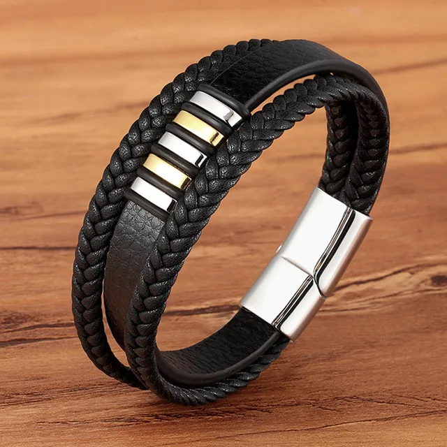 Hot Sale Gold Plated Genuine Bracelet Collier Inoxydables PVD Plated Stainless Buckle Mens Multi Layer Braided Leather Bracelet