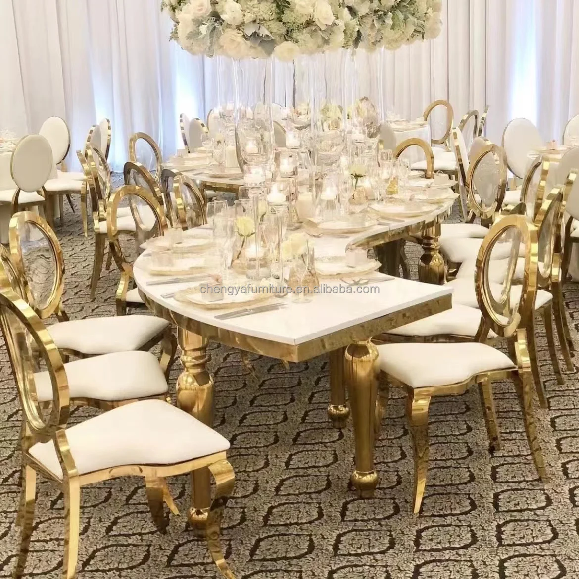 Luxury stainless steel legs glass serpentine table for wedding