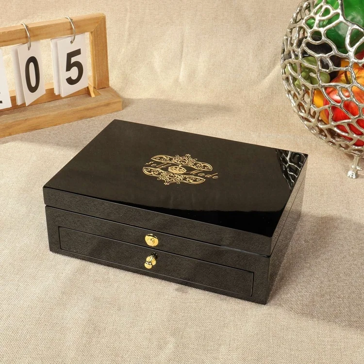 High Gloss Wooden Box with Drawer Customized Logo Credit Card Organizer Black High Gloss Gift Box Luxury Gift Boxes