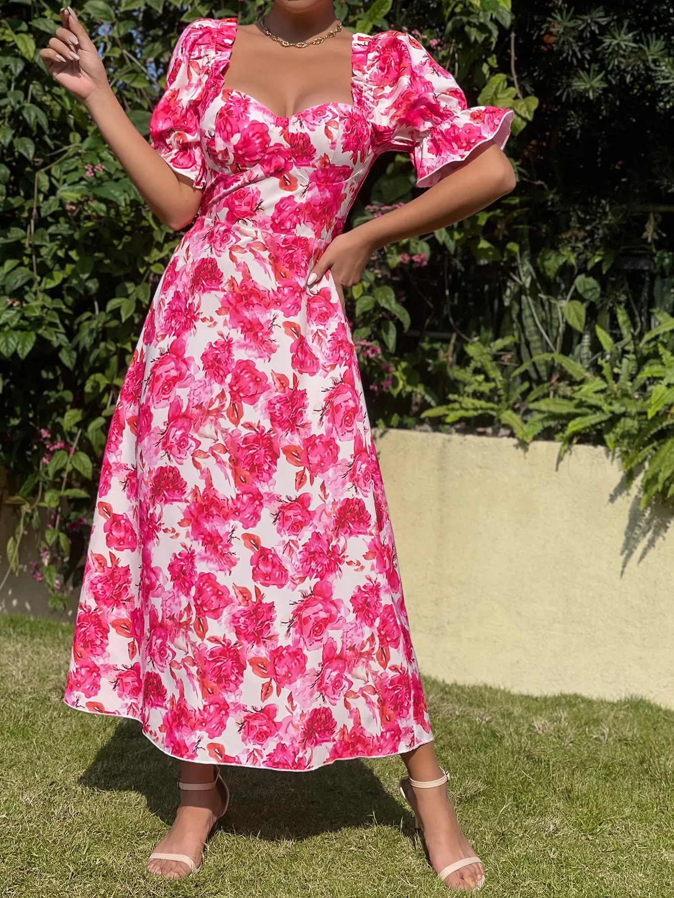 Manufacturer Customized Summer Elegant Lace Up Floral Print Sweet Heart Neck Flounce Sleeve Maxi Dress