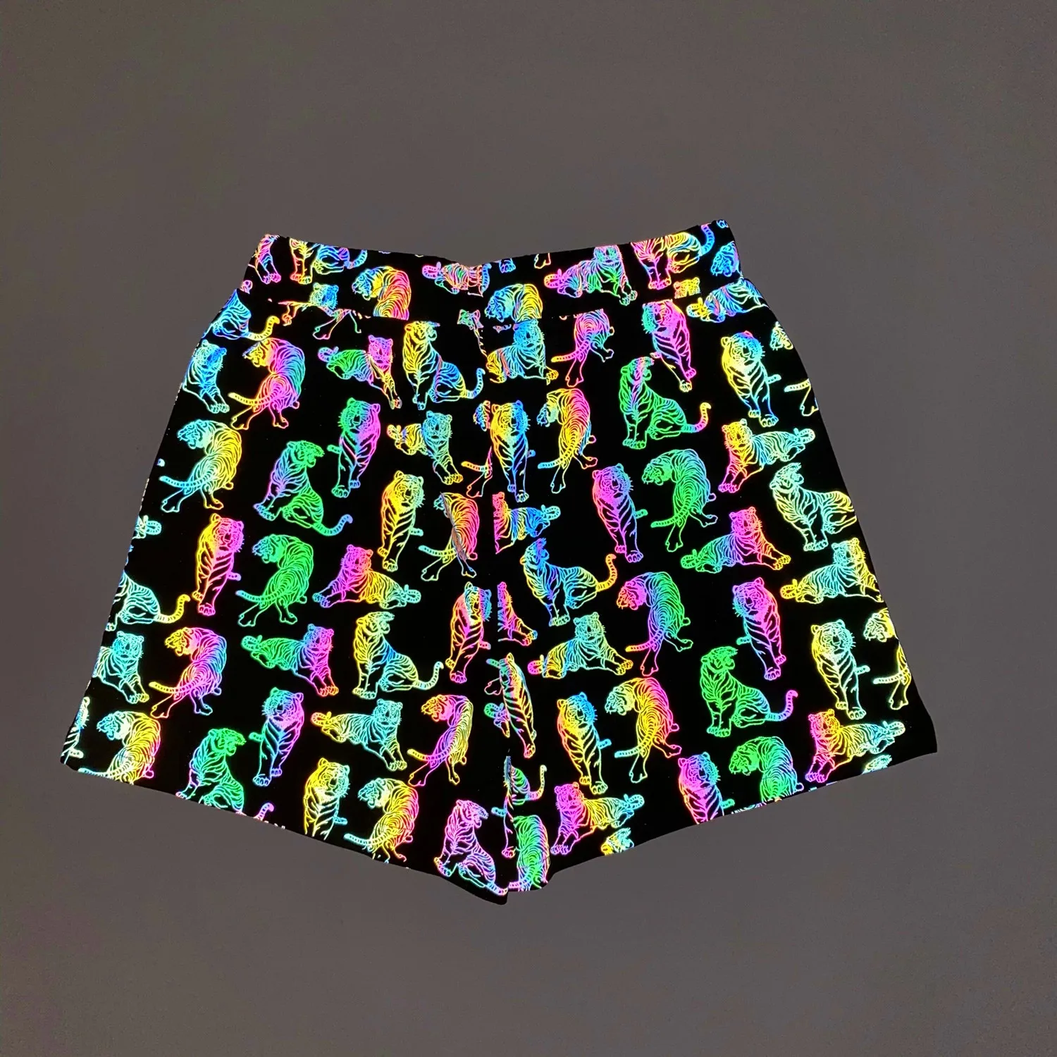 2 in 1 double layer sweat elasticity rainbow tiger reflective pattern sweatsuit casual street wear drawstring liner track shorts