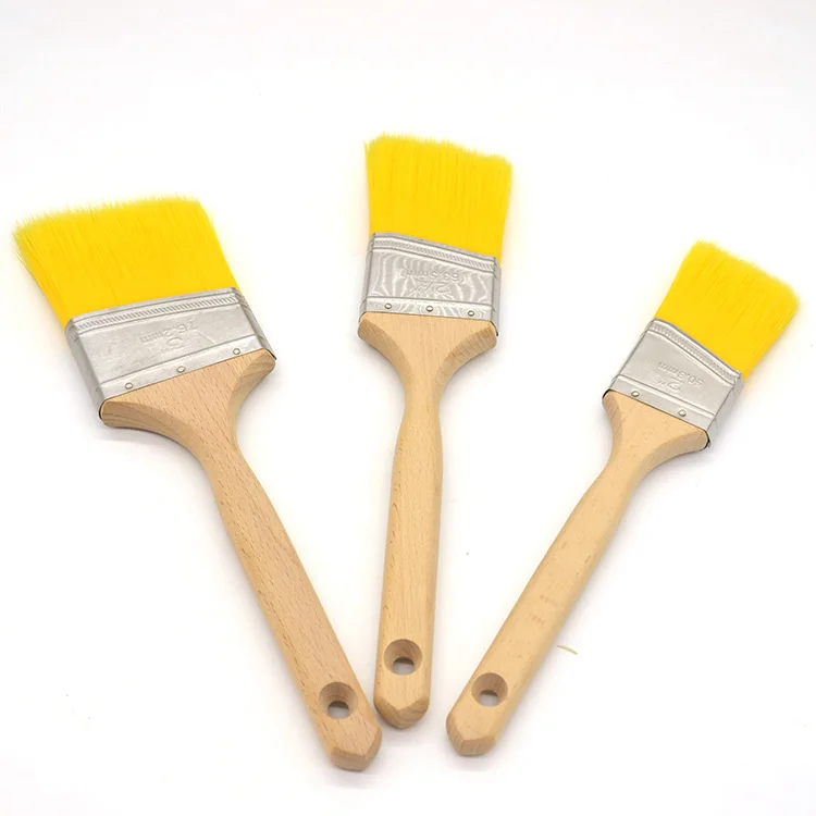 High Quality Yellow Wooden Long Handle PBT Synthetic Tapered Filament Angle Sash Paint Brushes