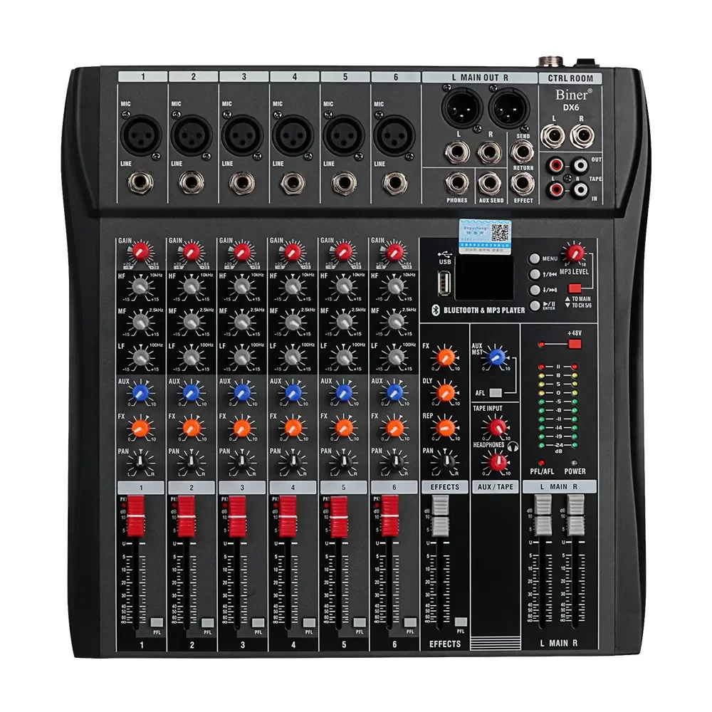 OEM DX6 Profesional 6 Channel Mixing Console 48V USB Audio Mixer With Phantom Power