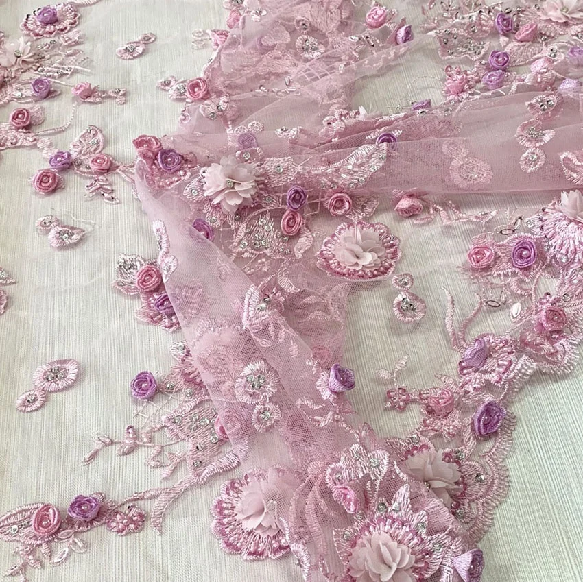 best selling 3d rose flower beaded lace applique allover embroidery fabric for wedding dress, designer fabric