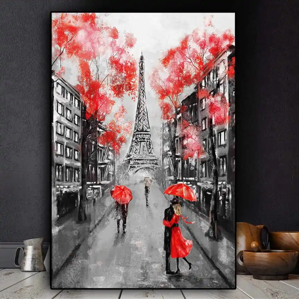 Black white city bus Eiffel Tower lover canvas art print painting for living room home hotel Wall Deco