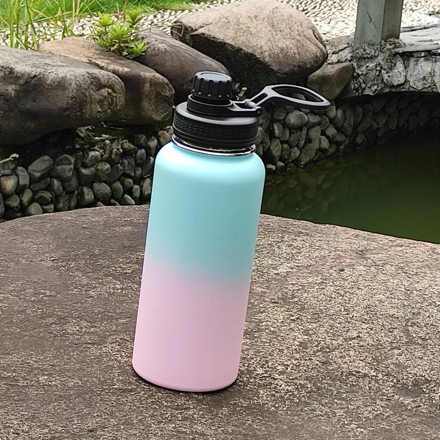 Gradient Colorful 32oz Insulated Water Bottle Handgrip Lid Wide Mouth stainless steel Hiking Thermal Vacuum Flask Set