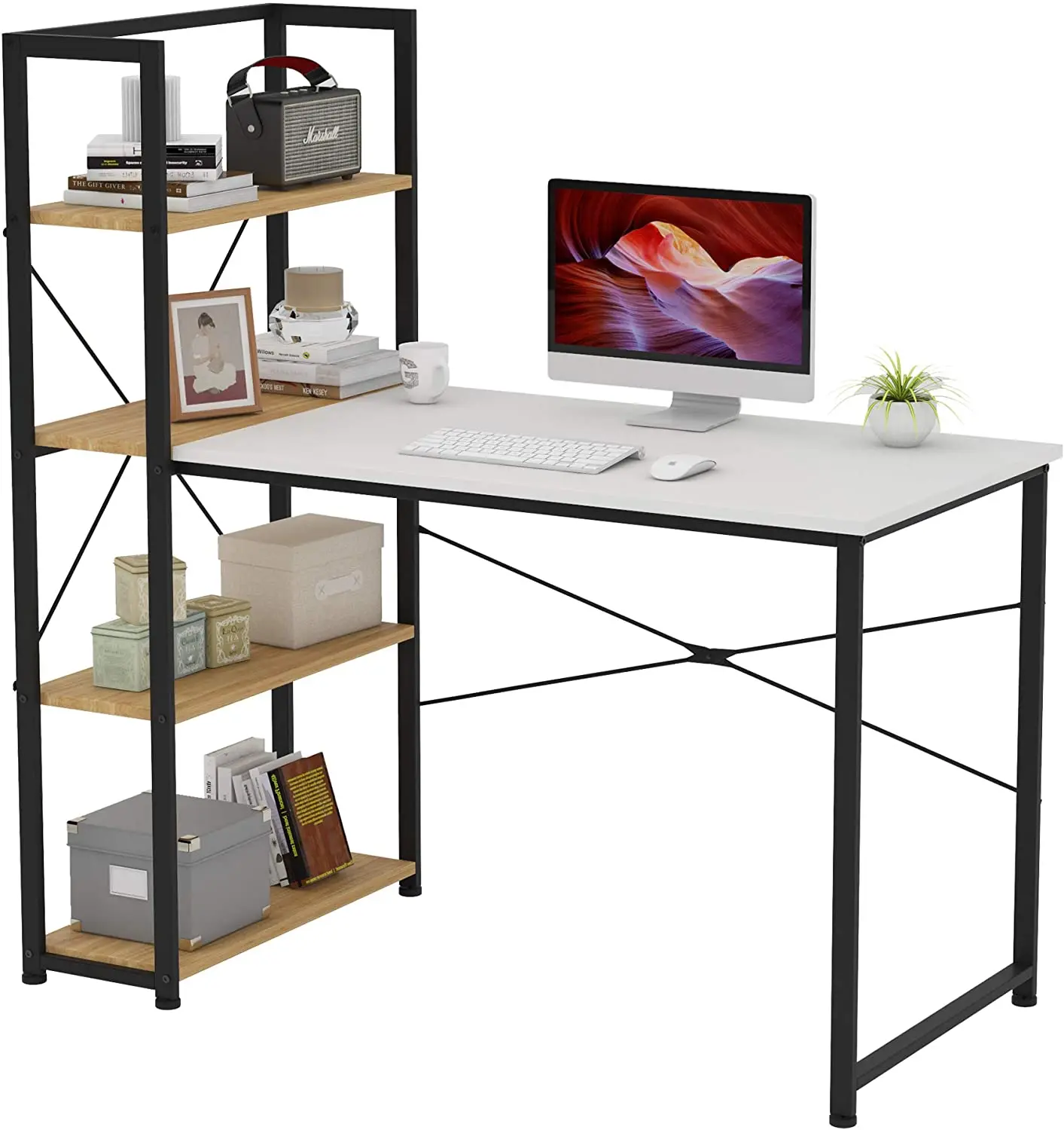 Office Desk with 4 Storage Shelves, Reversible Office Desk with Bookshelf, Writing Study Desk Workstation Table