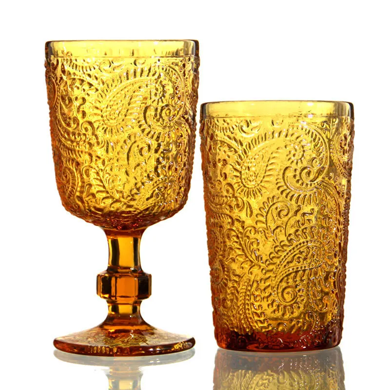 wholesale Mexico Embossed green amber water cup colored Goblet red wine glass Vintage Wine Glasses