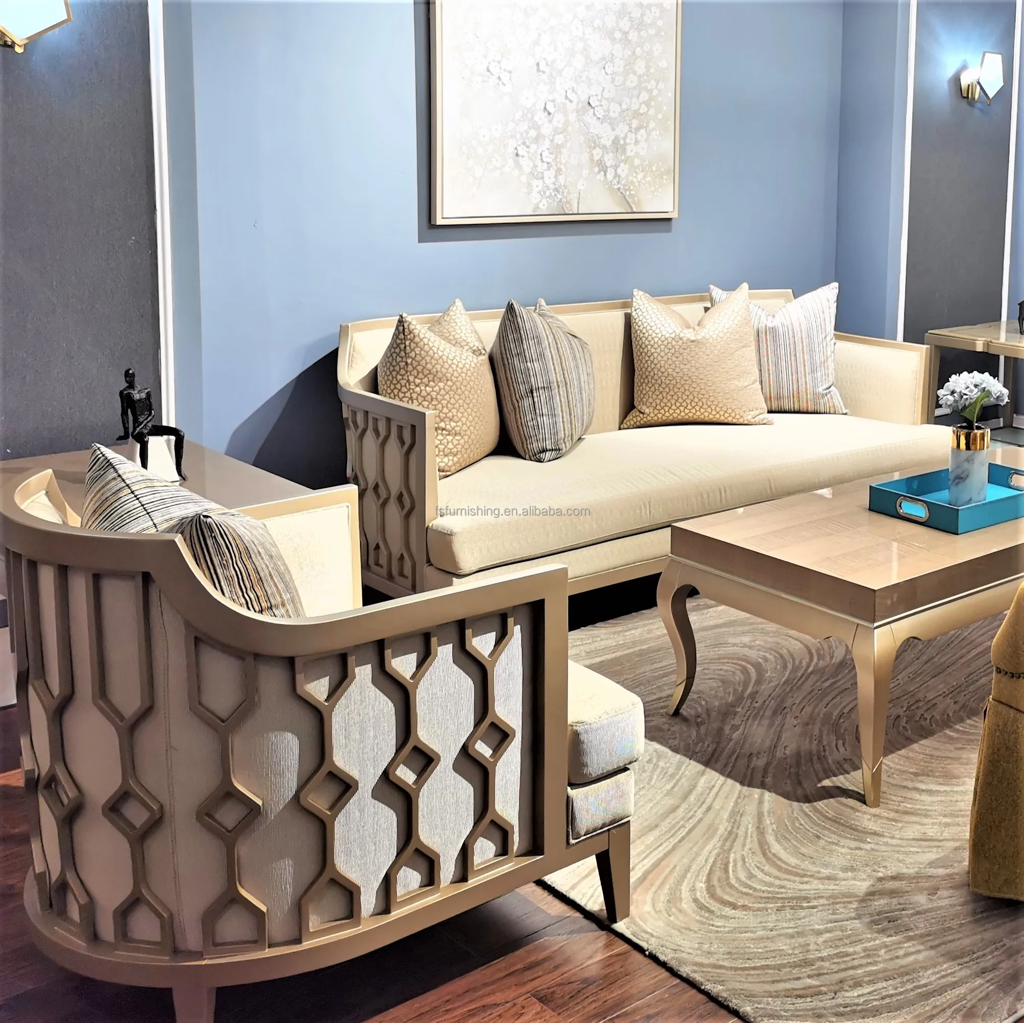 luxury champagne gold classic wooden frame french antique living room furniture fabric sofa couch set