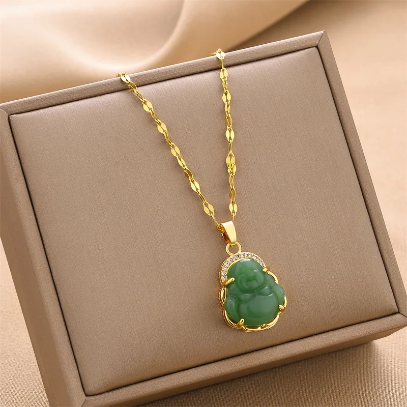 Wholesale Mini Green Jade Buddha Pendant Necklace Non-fading Gold Plated Stainless Steel Maitreya Lucky Necklaces