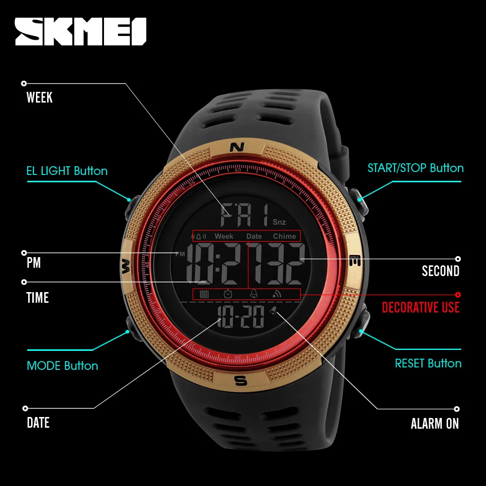 wholesale fashion multifunction custom 5atm water resistant mens sport watches relojes digitales skmei 1251
