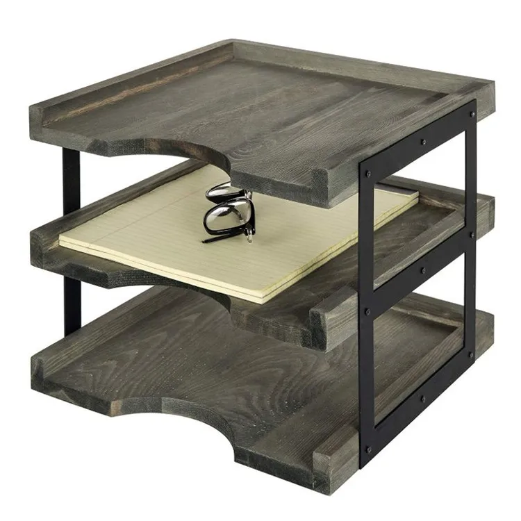 Multi purpose 3 tiers vintage gray metal document wood desk organizer