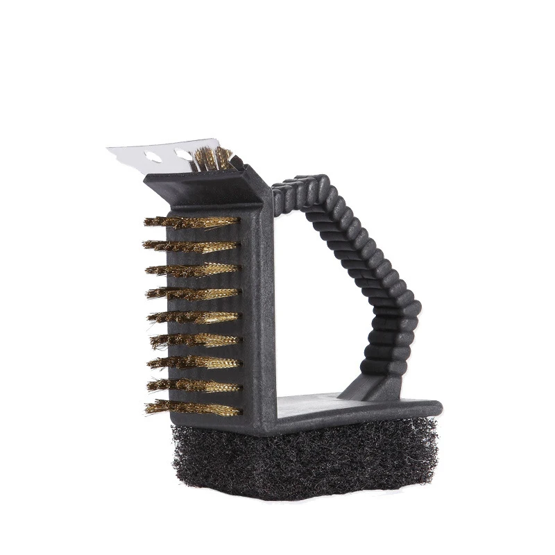 3 in 1 BBQ stainless steel cleaning brush handheld right angle grill cleaning scraper non-slip handle camping BBQ cleaning tool
