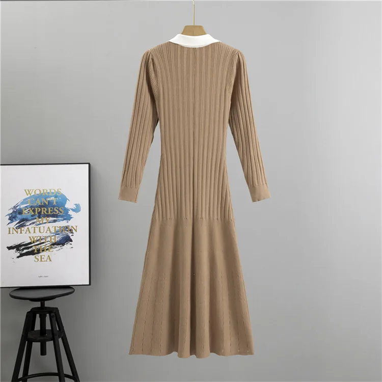 LE4583 Autumn Special Design V-Neck Knit Dress With Core Yarn Slimming A-Line Midi Knitted Dress