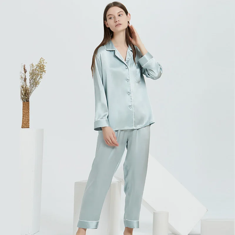 2024 Fashion Breathable 100% Mulberry silk Pajamas Customized Silk Shirt and Pants Long Sleeve Sexy Silk Sleepwear