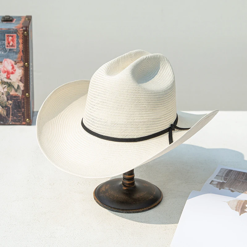 LingLong 2023 New Collection Upturn White Wide Brim Cowboy Paper Straw Hat Unisex Western Sombrero For Men Women