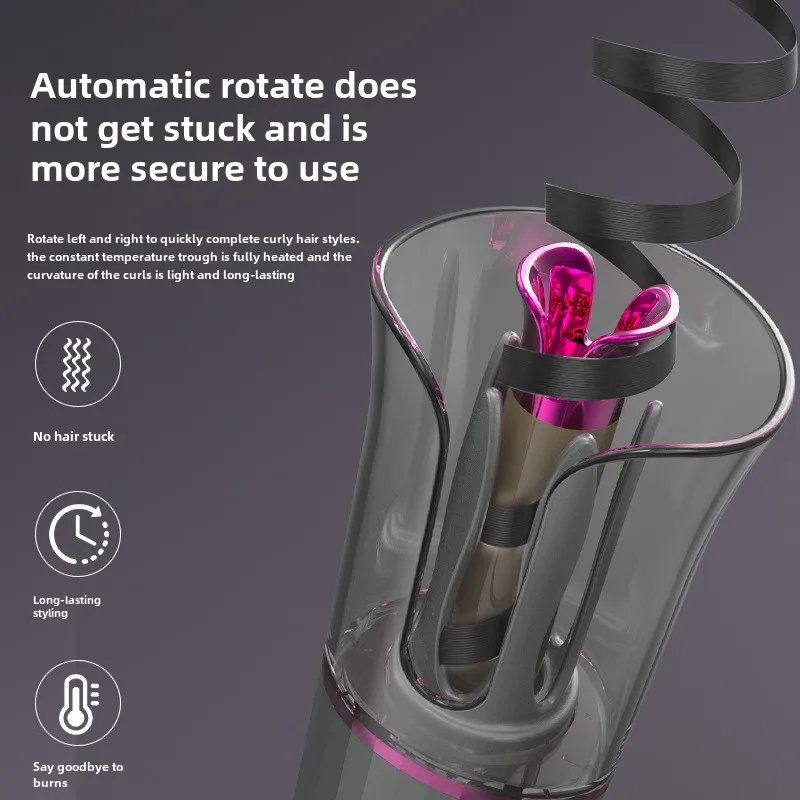 Portable Rechargeable Wireless Curling Iron LED Temperature Automatic Rotation Transparent Blue Light Travel Cross-Border