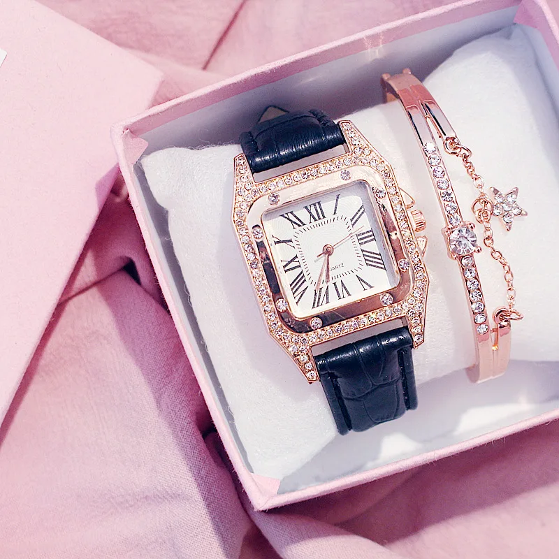 Hot Sale Women Ladies Fashion Leather Strap Square Diamond Quartz Wrist Bracelet Watches Gift Set for ladies women