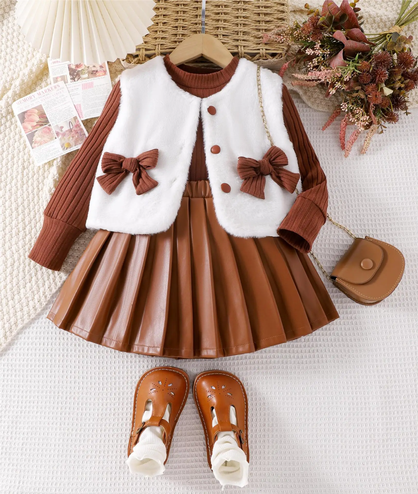 Hot sale Girls Autumn Winter Clothes Sets Kids Clothing Long Sleeved Top Pleated Short Skirt Furry Vest Bow   Children  Outfits