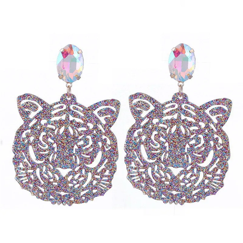 2023 Custom Tiger Shape Fashion Glitter Resin Crystal Statement Earrings For Woem