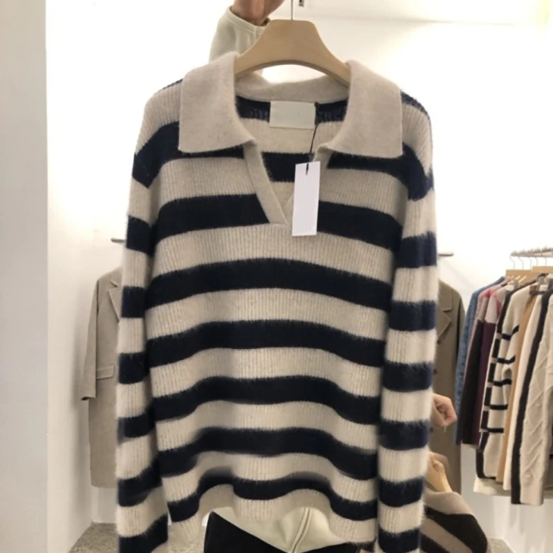 Женский свободный свитер в полоску, Повседневный свитер контрастных цветов в Корейском стиле с отложным воротником и рукавами на весну и осень