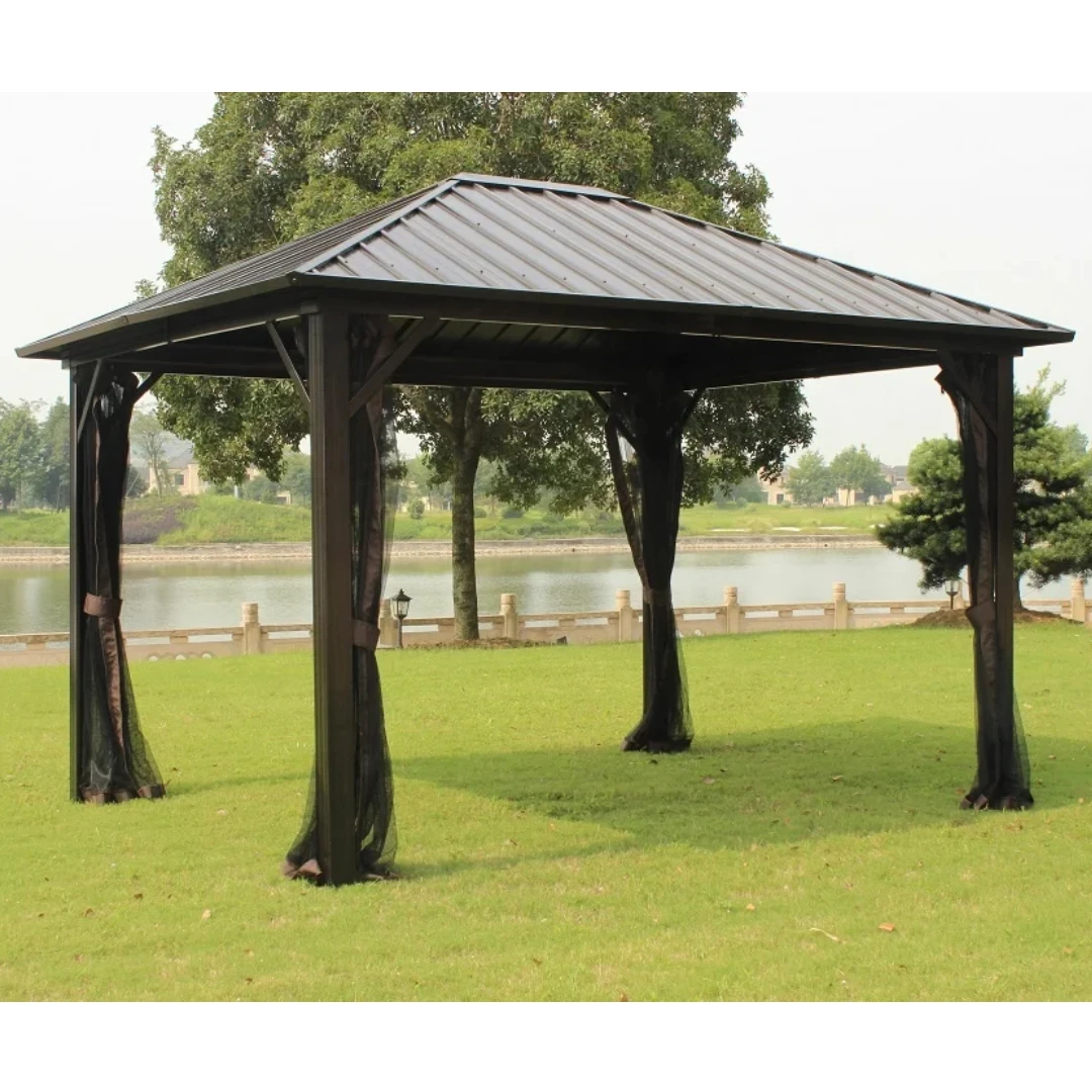 3x3x2.75M Outdoor Pergola Gazebo Metal Roof with Garden Line Aluminium Tube Stone Frame Arbour for Garden Supplies