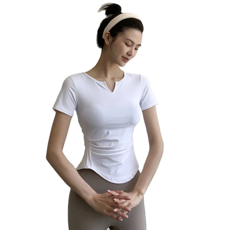 V-neck Slim Yoga Top For Women Summer Running Speed Dry Sports T-shirt Dance Fitness Short Sleeve