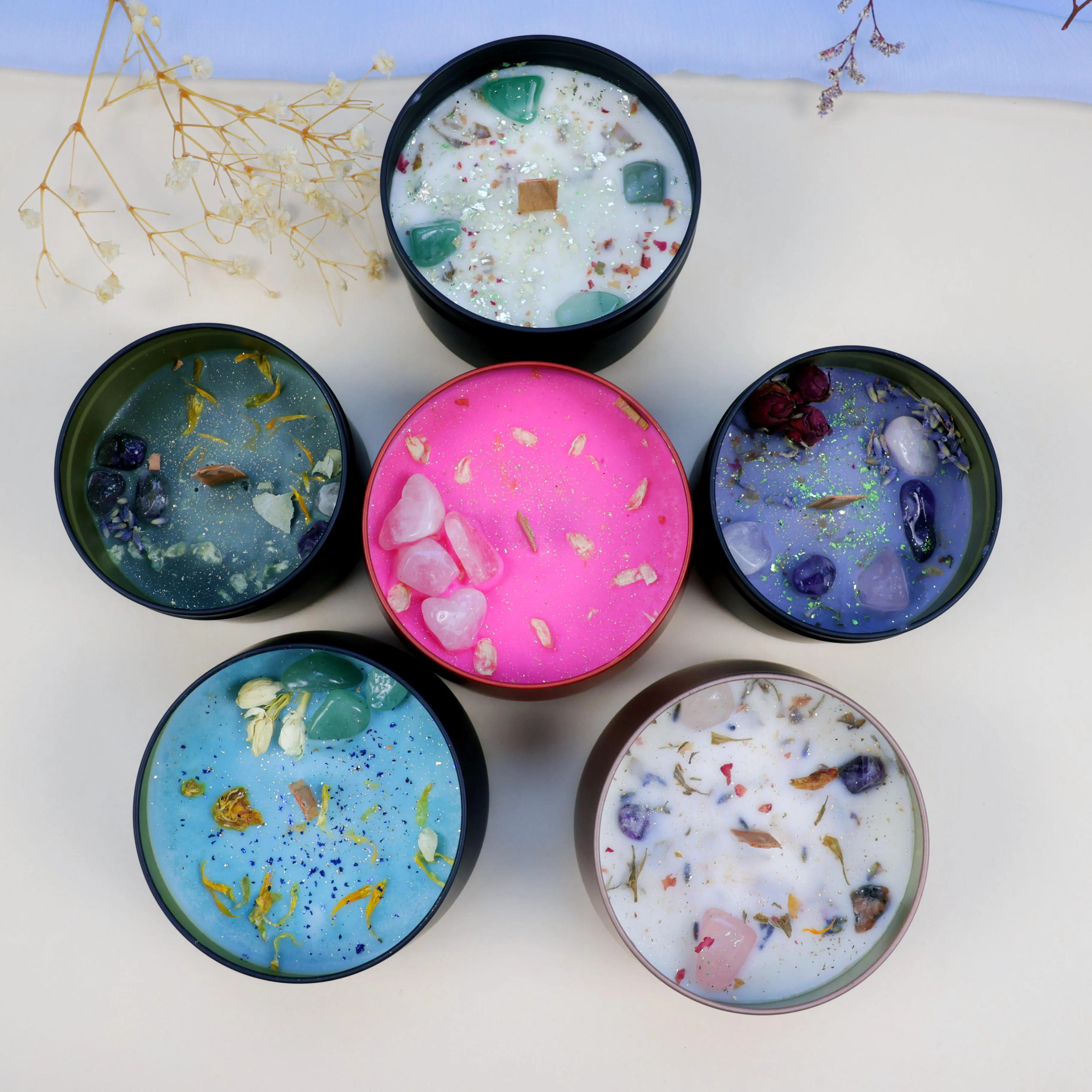 Wholesale Custom Wedding Decoration Fragrance Essential Oil Dried Flowers Luxury Tin Scented Candle