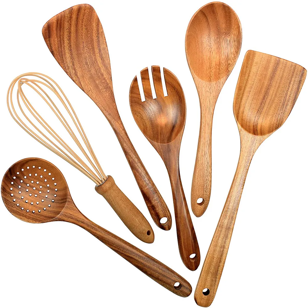 Wholesale Natural Teak Wood Utensils Kitchen Ware Cooking Utensils Set