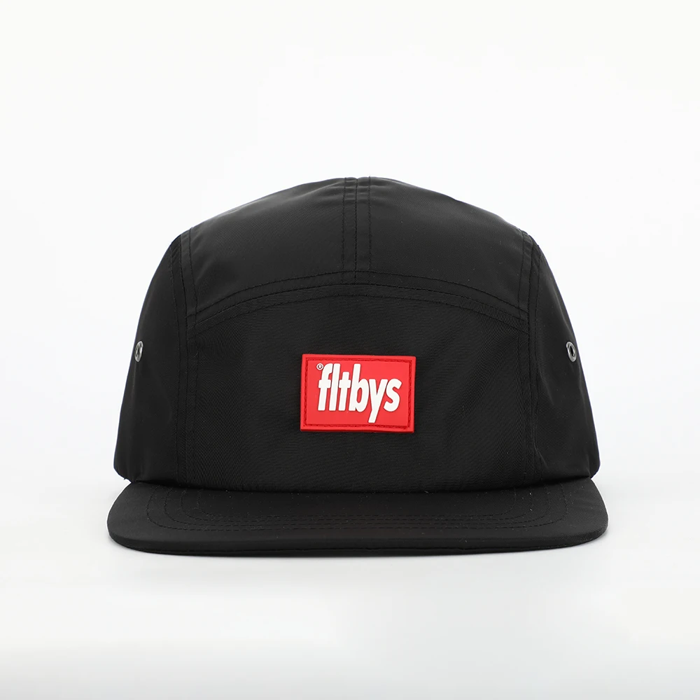 Oem Custom 5 Panel Design Your Own PVC Patch Logo Adjustable Waterproof Black Nylon Camp Cap and Camping Hat