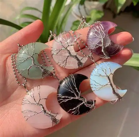Tree of Life Wire Wrapped Crescent Moon Pendant Necklace Reiki Healing Crystal Stone Necklaces Natural Gemstone Quartz Jewelry