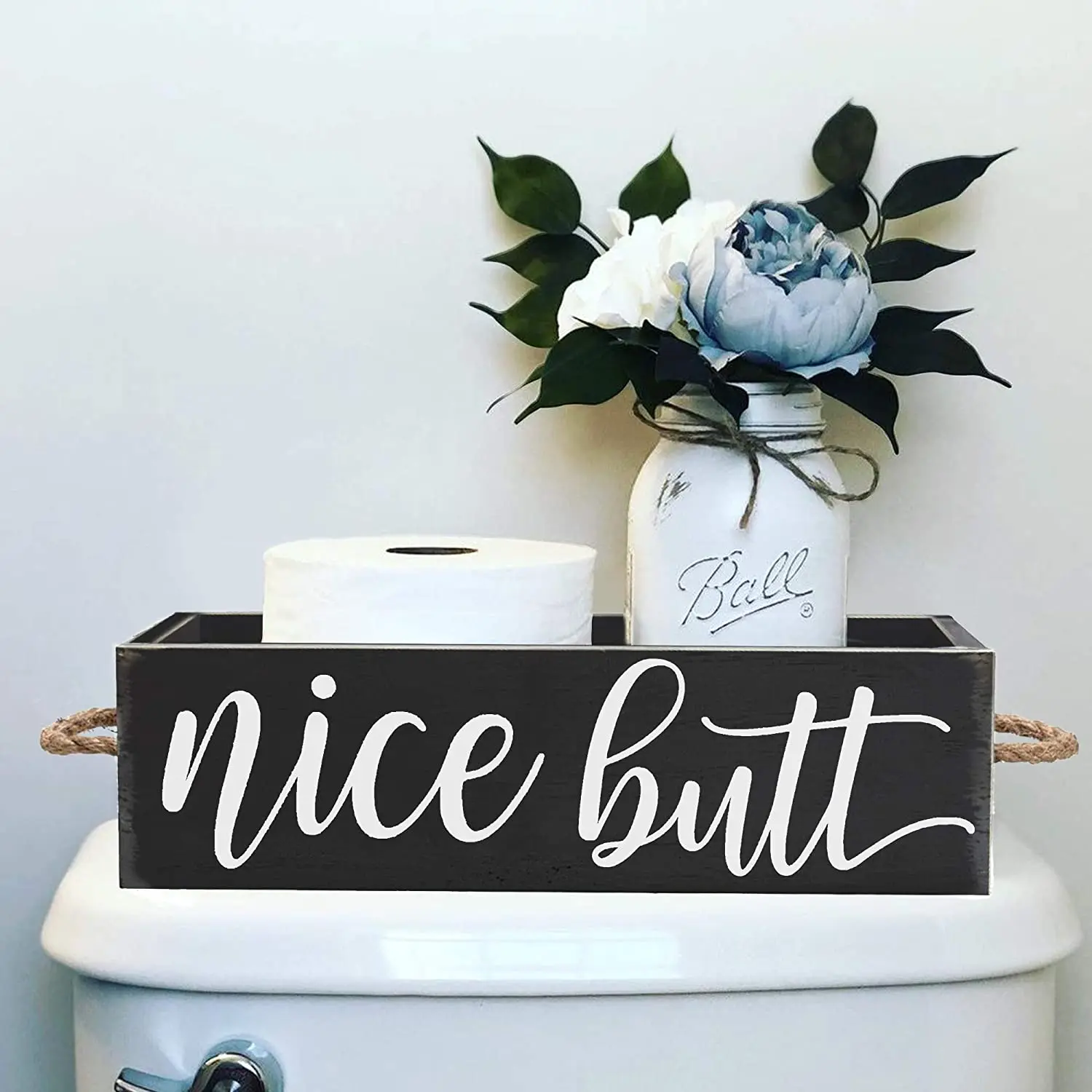 Rustic Black Wooden Planter Basket Storage Organizer Box | Customized Words Tank Holder Caddy With Rope