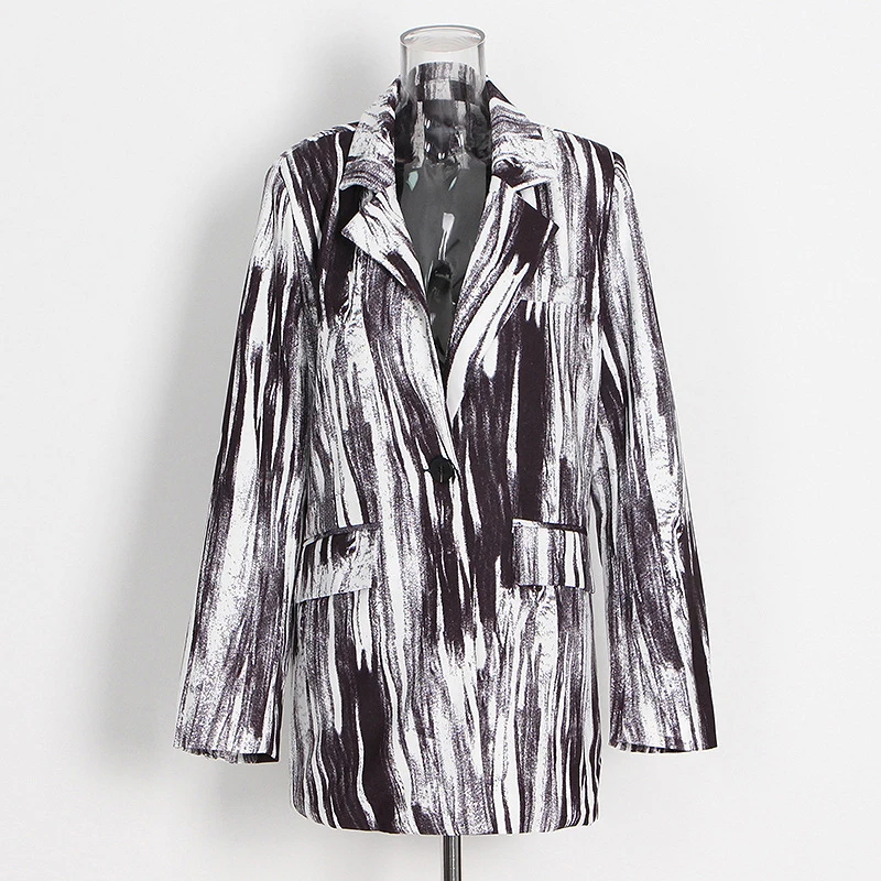 SF AL 24T240 Polyester Woman Blazer Ink Printed Loose Versatile Casual Suit Straight Fit One Button Women Coat Suits