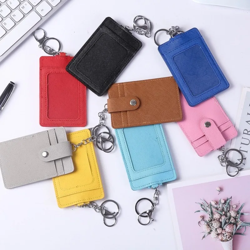 New PU Leather Vertical ID Badge Card Holder Portable Bus Card Credit Card Holder With Keychain