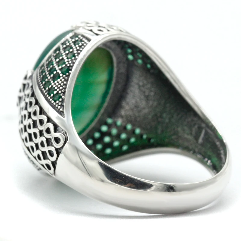 Online Wholesale Jewelry 925 Sterling Silver Green Agate Mens Rings