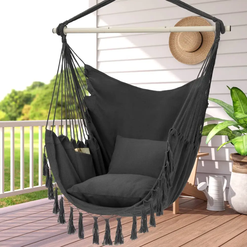 Hammock Chair Hanging Rope Swing, Max 500 Lbs, 2 Cushions Included, Large Macrame Hanging Chair with Pocket,