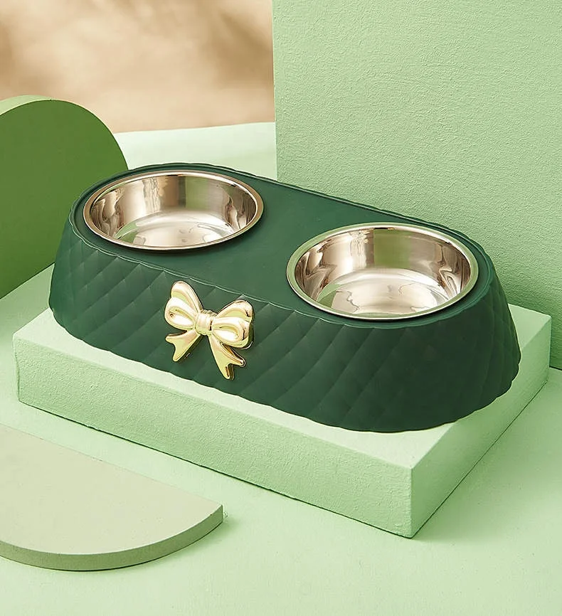 New Luxury Bow Knot Diamond Pattern with Stainless Steel Pet Double Bowls Cat Dog Food Utensilsmetal Pet Bowl