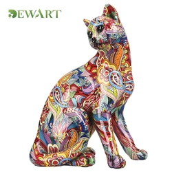 Dropshipping Polyresin Colorful Animals Statue Home Decor Art Graffiti Decal Sitting Cat Sculpture Resin Cat Figurines