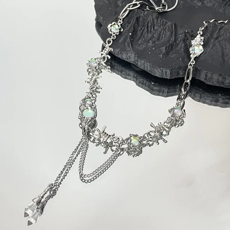 Korean Trendy Designer Sliver Plated Irregular Fold Chain Moonstone Crystal Tassel Necklace Jewelry for Women