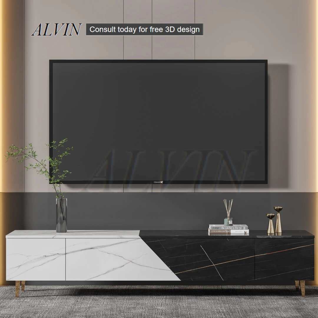 ALVIN Wholesale Living Room Furniture Marble Top Modern Mdf Design Glass Electric Fire Place Wood Tv Stand tv cabinet dimension