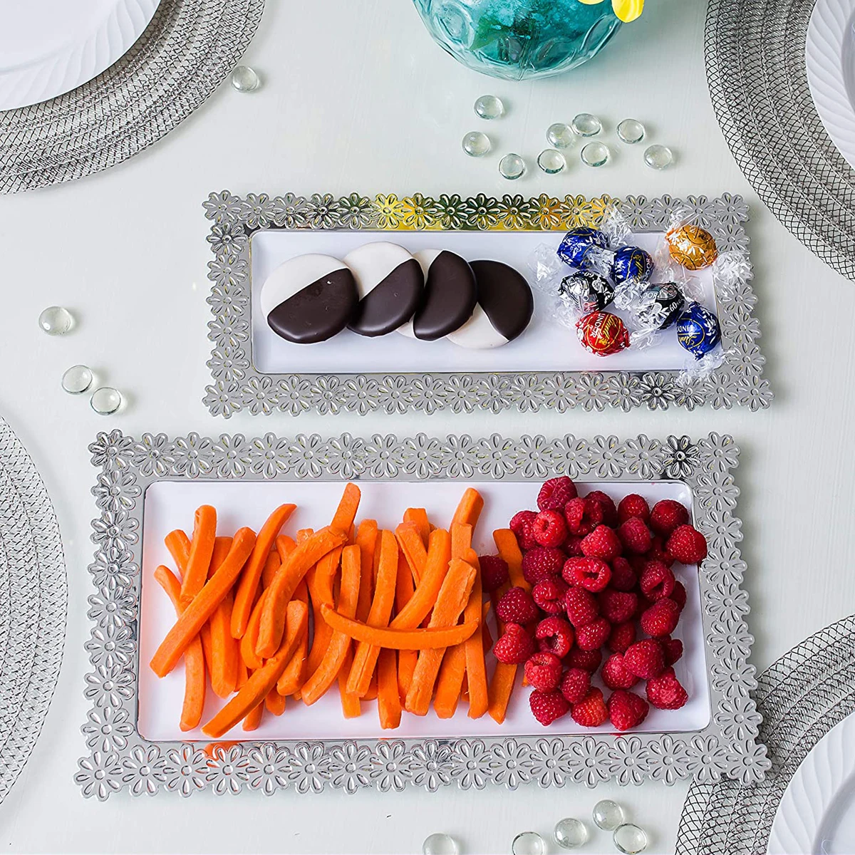 New design flower food silver border plated wholesale cheap small disposable long plastic tray