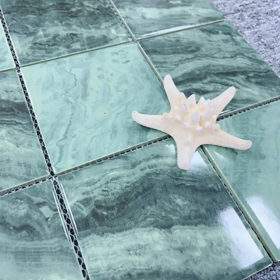 Hotel Projects Custom Square Green Crystal Glass Ceramic Swimming Mosaic Pool Tiles