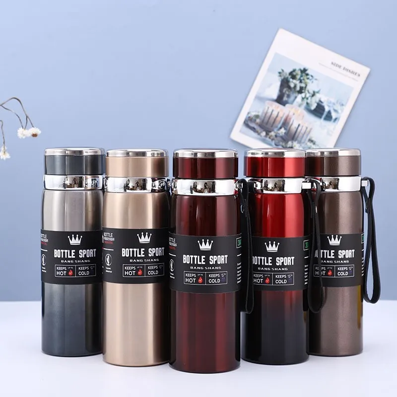 Custom  big capacity double wall vacuum thermos cup stainless steel insulated travel sport water bottles with strap