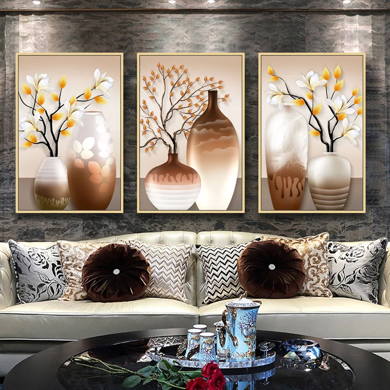 View fine image  High Quality 3 Panels Vase Flower Abstract Crystal Porcelain Oil On Canvas for home living roon wall decor