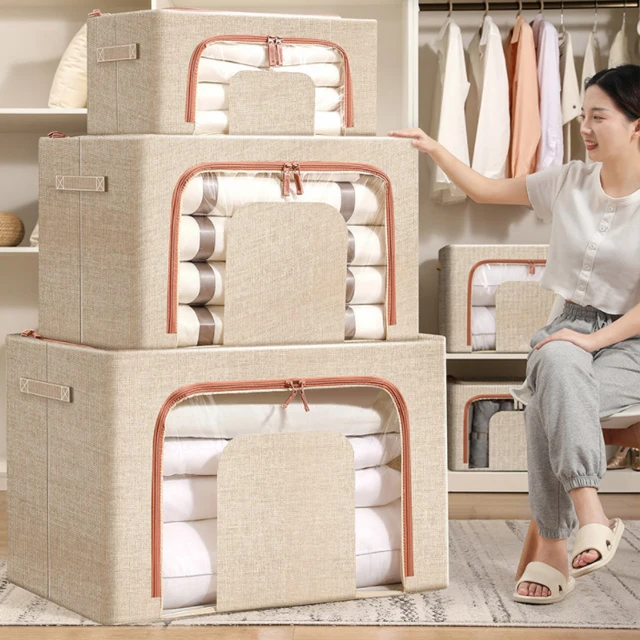 JILEN- Large capacity clothes quilt storage box, high-grade linen transparent window with zipper storage box