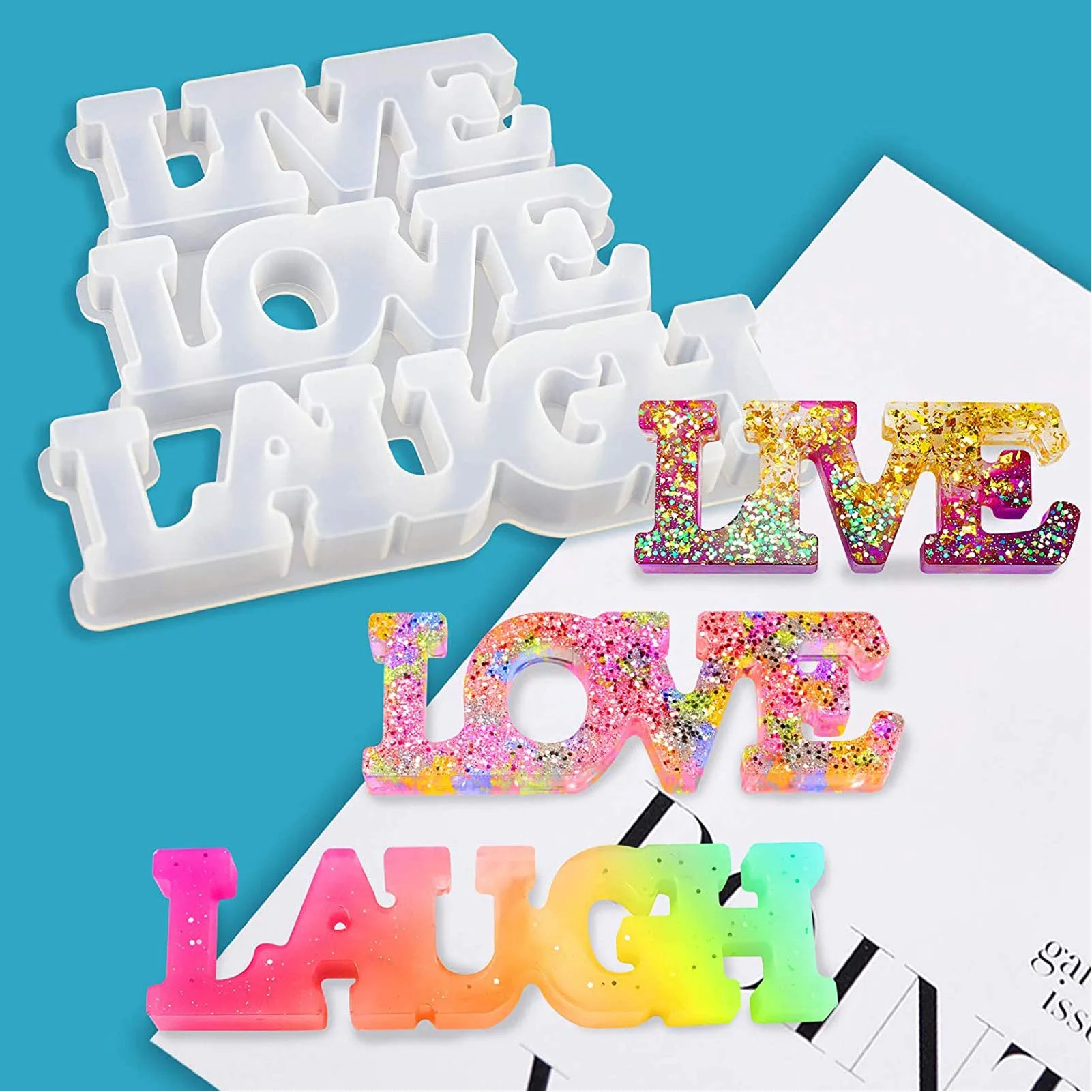 Love Silicone Resin Mould, Live/Love/Laugh Character Epoxy Casting Mould with 24 Colorful Sequins, DIY Craft Resin Supplies for