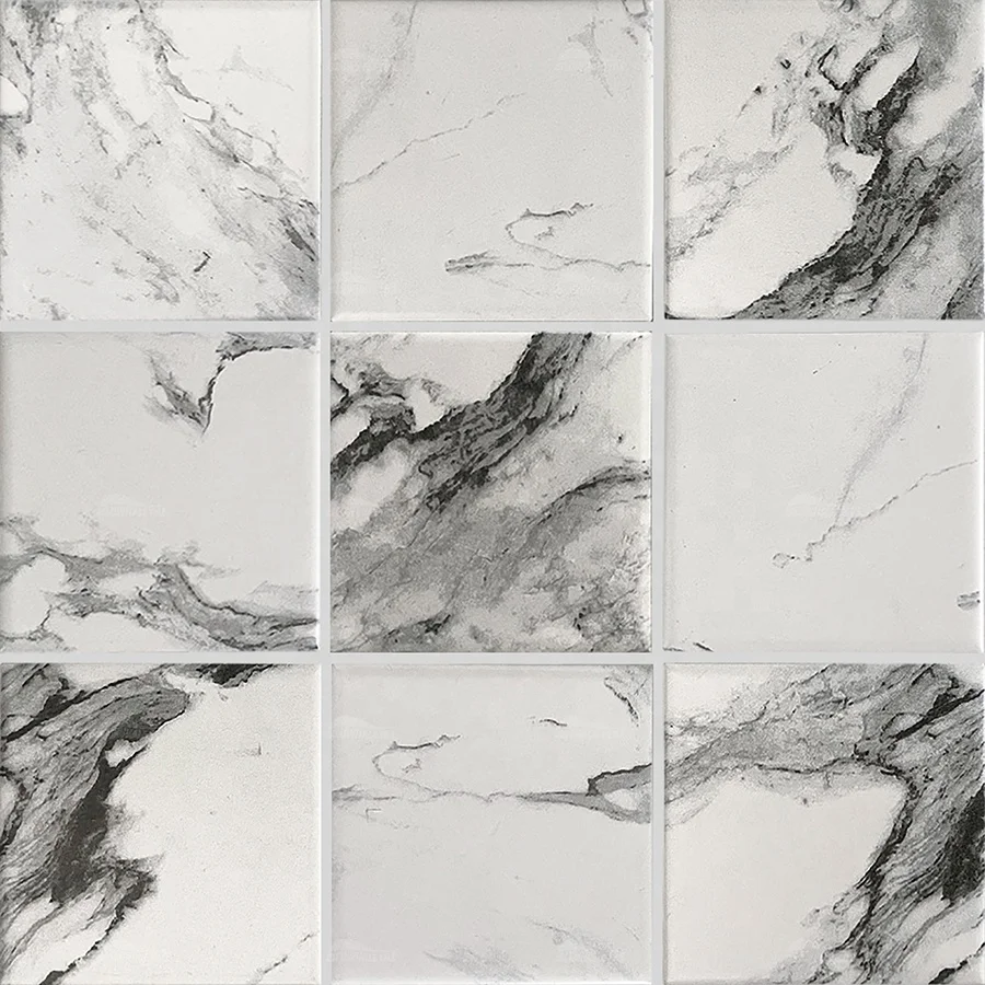 Bluwhale Tile Supply Wholesale Anti Slip Marble Look White Porcelain Mosaic 4x4 Square Glossy Surface Ceramic Swimming Pool Tile